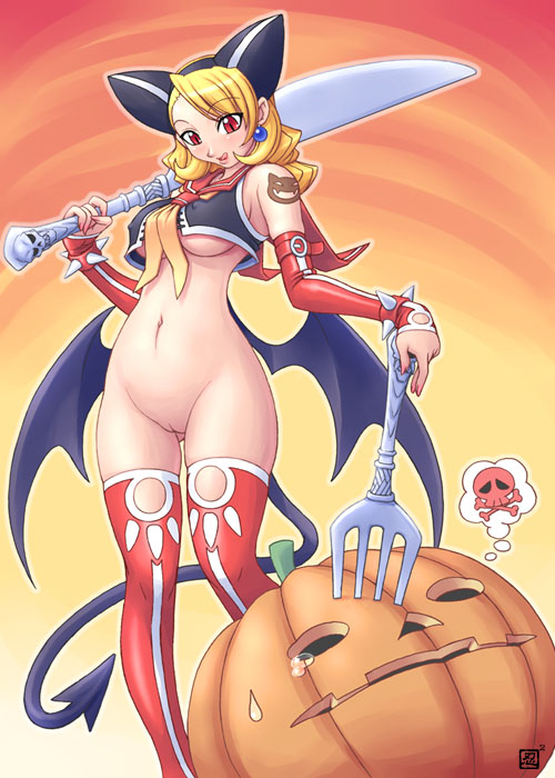 ass_visible_through_thighs bat_wings blonde_hair bottomless breasts copyright_request crop_top curvy demon_girl earrings eyebrows_visible_through_hair fork groin halloween jack-o'-lantern jewelry kenix knife large_breasts long_hair navel neckerchief no_bra over_shoulder pumpkin purple_wings pussy red_eyes red_legwear red_sailor_collar sailor_collar shoulder_tattoo skull skull_and_crossbones sleeveless solo stomach succubus tail tattoo tears thighhighs thought_bubble tongue tongue_out uncensored underboob wide_hips wings yellow_neckwear