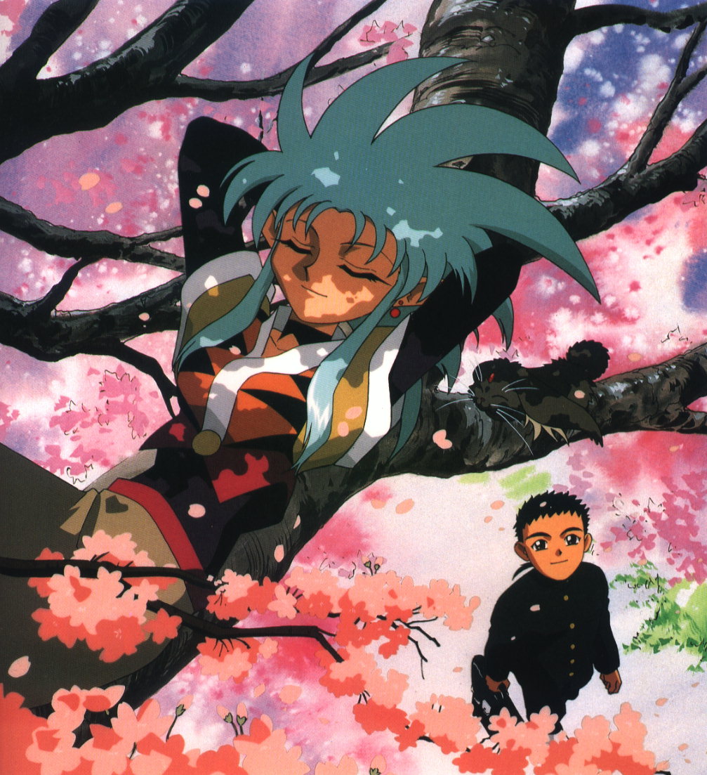 1girl 90s artist_request black_hair blue_hair brown_eyes cabbit cherry_blossoms couple hetero long_sleeves masaki_tenchi ryou-ouki ryouko_(tenchi_muyou!) spiked_hair tenchi_muyou!
