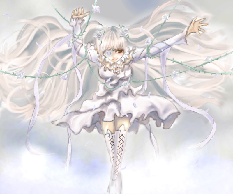 artist_request boots breasts cleavage cross-laced_footwear dress eyepatch flower hair_flower hair_ornament hair_ribbon kirakishou large_breasts long_hair long_sleeves looking_at_viewer one_eye_covered outstretched_arms plant ribbon rose rozen_maiden solo standing thorns very_long_hair vines white white_dress white_flower white_footwear white_hair white_ribbon white_rose