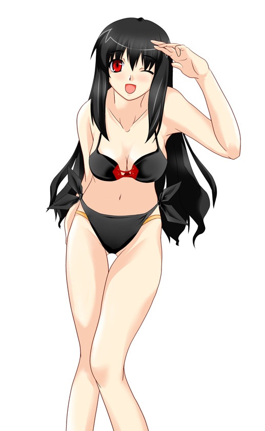 artist_request bad_anatomy bikini black_hair copyright_request long_hair one_eye_closed red_eyes solo swimsuit very_long_hair