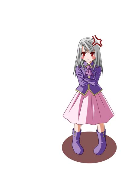 :&lt; anger_vein angry artist_request ascot blush_stickers boots closed_mouth crossed_arms fate/stay_night fate_(series) full_body illyasviel_von_einzbern jacket jpeg_artifacts long_hair long_sleeves pigeon-toed purple_footwear red_eyes shadow silver_hair simple_background skirt solo standing v-shaped_eyebrows white_background