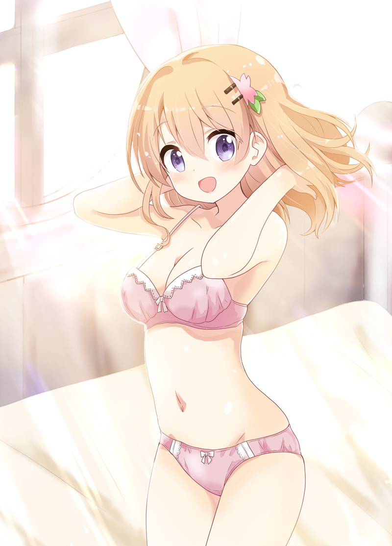 1girl :d bangs bare_arms bare_shoulders bed_sheet blonde_hair blush bow bow_bra bow_panties bra breasts cleavage collarbone commentary_request cowboy_shot curtains day eyebrows_visible_through_hair fingernails gochuumon_wa_usagi_desu_ka? hair_between_eyes hair_ornament hairclip hands_in_hair hands_up hoto_cocoa indoors long_hair looking_at_viewer massala medium_breasts navel open_mouth panties pink_bra pink_panties purple_eyes smile solo standing stomach sunlight underwear underwear_only window
