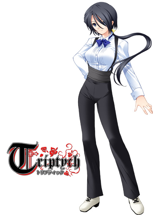 aona_masao bangs bartender black_hair blue_eyes breasts buttons collared_shirt contrapposto copyright_name cross-laced_footwear crossdressing floating_hair flower full_body hair_over_one_eye hair_ribbon hand_on_hip hanon_(triptych) high_heels large_breasts light_smile logo long_hair long_sleeves looking_at_viewer low_ponytail official_art pants plant ribbon sash shirt shoes simple_background sleeve_cuffs smile solo standing suspenders triptych very_long_hair vines white_background white_shirt