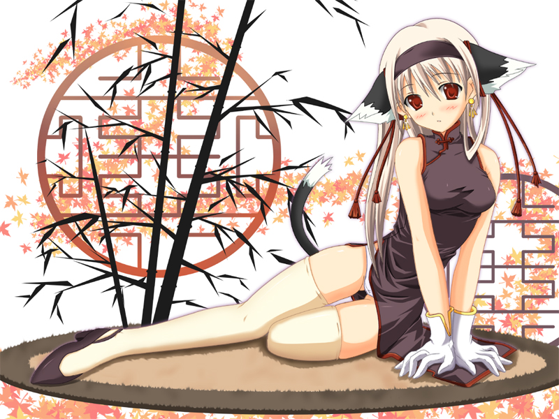 animal_ears arm_support bare_shoulders blonde_hair blush cat_ears cat_tail china_dress chinese_clothes dress gizensha gloves hairband lattice long_hair lying original panties red_eyes solo tail thigh_gap thighhighs underwear wallpaper white_gloves white_hair white_legwear white_panties