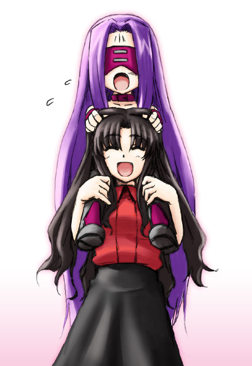 black_hair blindfold carrying cea_se chibi fate/stay_night fate_(series) long_hair multiple_girls purple_hair rider shoulder_carry skirt tears thighhighs toosaka_rin turtleneck very_long_hair