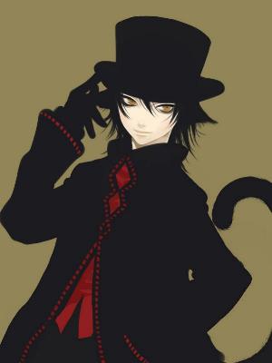 animal_ears artist_request black_hair cat_ears copyright_request gothic hat hat_tip long_sleeves lowres male_focus simple_background solo tail top_hat yellow_eyes