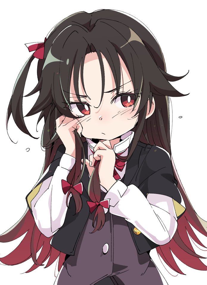 1girl black_hair blush bow closed_mouth gradient_hair hair_bow ixy long_hair long_sleeves looking_to_the_side multicolored_hair red_bow red_eyes red_hair ryuuou_no_oshigoto! simple_background solo white_background yashajin_ai