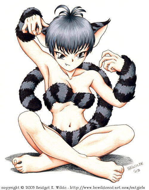 animal_ears arm_warmers armpits artist_request barefoot cat_ears copyright_request fang feet fur grey_eyes grey_hair naughty_face solo tail toes
