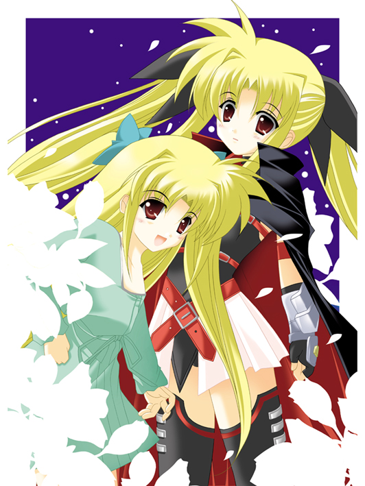 alicia_testarossa artist_request blonde_hair fate_testarossa long_hair lyrical_nanoha mahou_shoujo_lyrical_nanoha mahou_shoujo_lyrical_nanoha_a's multiple_girls red_eyes siblings sisters thighhighs twintails