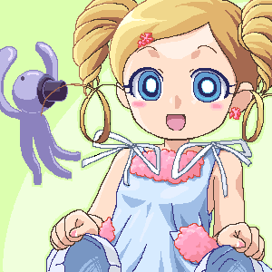 artist_request bare_shoulders blue_eyes blush camisole creature drill_hair earrings goutokuji_miyako green_background jewelry looking_at_viewer lowres nail_polish octi oekaki powerpuff_girls_z ribbon rolling_bubbles sidelocks simple_background sweat twin_drills twintails white_ribbon