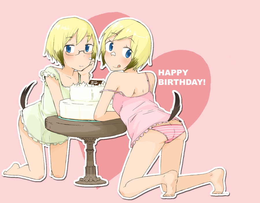 2girls bad_id bad_pixiv_id barefoot blonde_hair blue_eyes cake camisole dog_girl dog_tail erica_hartmann food glasses happy_birthday kumichou_(kumichoubox) multicolored_hair multiple_girls one_eye_closed panties pastry short_hair siblings sisters smile strike_witches strike_witches:_suomus_misfits_squadron striped_clothes striped_panties tail tongue twins underwear ursula_hartmann world_witches_series