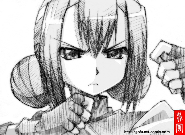 clenched_hands double_bun fingerless_gloves gloves gofu greyscale koihime_musou monochrome ryomou solo spot_color squinting traditional_media