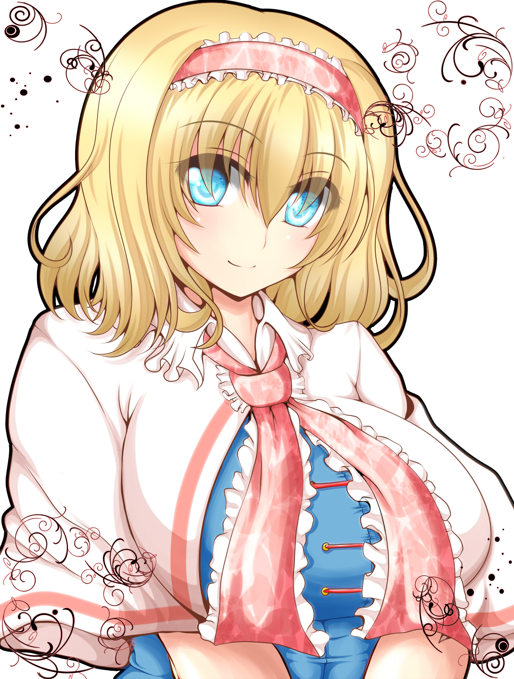 alice_margatroid aqua_eyes blonde_hair blush breasts disconnected_mouth hairband highres large_breasts short_hair smile solo syroh touhou