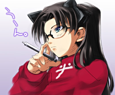 artist_request black_hair fate/stay_night fate_(series) glasses long_sleeves lowres solo toosaka_rin turtleneck