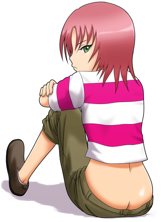 artist_request butt_crack from_behind green_eyes juliet_nao_zhang looking_at_viewer looking_back my-otome red_hair shirt sitting solo striped striped_shirt