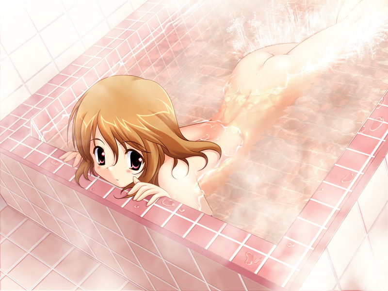 ass bath bathtub brown_hair fujiwara_warawara game_cg itou_wakaba lying nude on_stomach red_eyes short_hair solo steam water wet yunohana