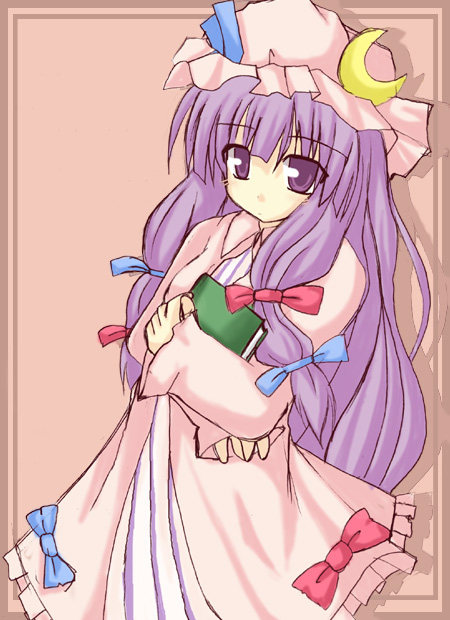 artist_request book bow crescent hair_bow hat long_hair long_sleeves patchouli_knowledge pink_bow purple_eyes purple_hair solo touhou