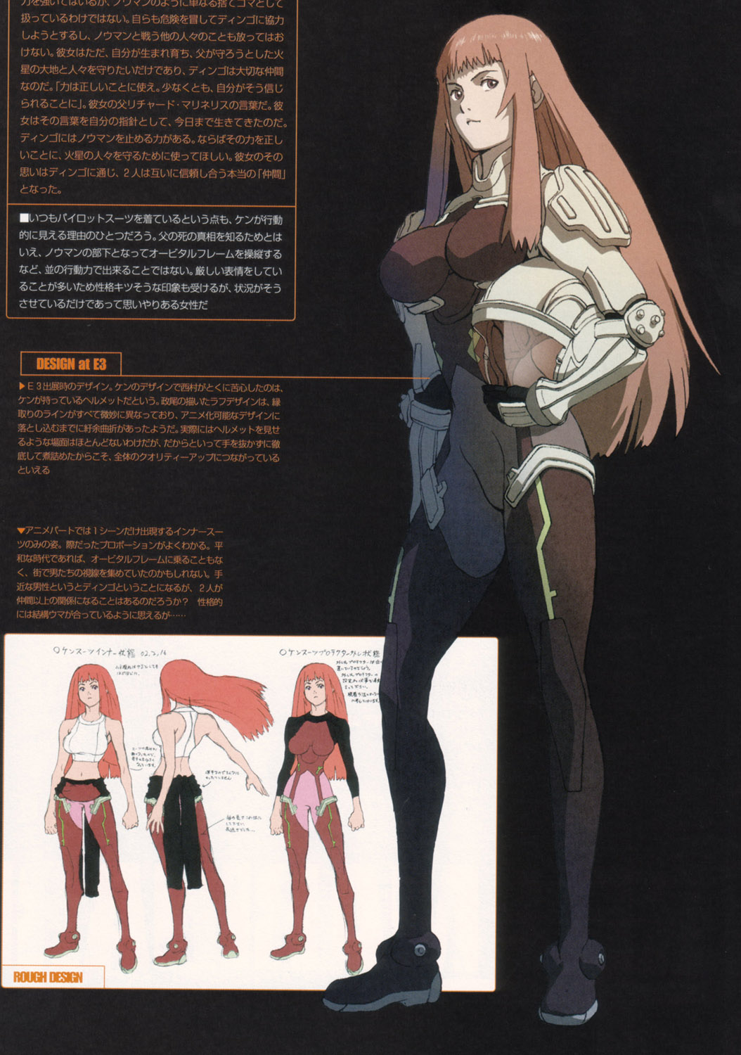 back black_background bodysuit bodysuit_pull bra breasts character_sheet directional_arrow flat_color floating_hair from_behind headwear_removed helmet helmet_removed highres holding ken_marinaris large_breasts long_hair looking_at_viewer masao_tsubasa midriff multiple_views navel pilot_suit profile purple_eyes red_bodysuit red_hair scan sidelocks simple_background sketch sports_bra standing text_focus translation_request transparent turnaround turtleneck underwear undressing visor white_background white_bra zone_of_the_enders zone_of_the_enders_2