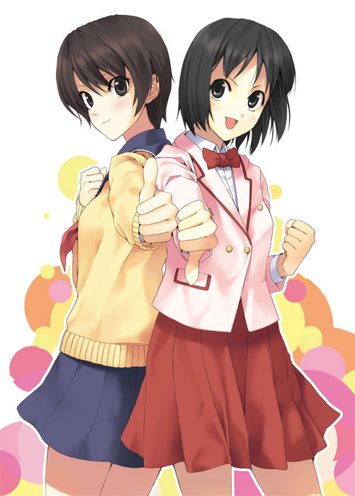 :d back-to-back black_eyes black_hair brown_eyes brown_hair clenched_hand long_sleeves luna_(reclaimed_land) multiple_girls open_mouth original school_uniform short_hair skirt smile sweater thumbs_down thumbs_up