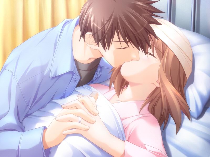 1girl bed couple game_cg hetero holding_hands hospital hospital_bed kiss komorebi_no_namikimichi long_sleeves lying nakazato_kouichi yukizakura_himeno yuuki_mitsuru