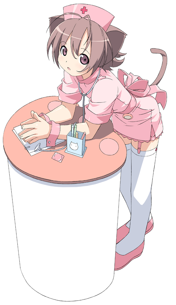:o animal_ears arms_on_table brown_eyes brown_hair cat_ears expressionless garter_straps hands_together hat kanzaki_hiro leaning_forward looking_at_viewer nurse nurse_cap original short_hair short_sleeves simple_background solo standing stethoscope table thighhighs white_background white_legwear wrist_cuffs