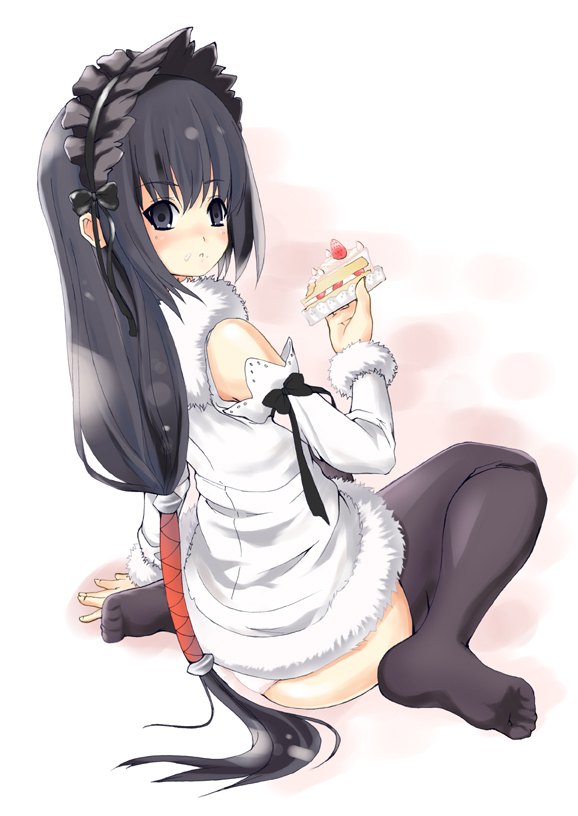 black_eyes black_hair black_legwear bonnet cake date_(senpen) detached_sleeves eating feet food food_on_face fruit kou_(wagaya) long_hair long_sleeves looking_back no_shoes pastry sitting solo sponge_cake strawberry strawberry_shortcake thighhighs very_long_hair wagaya_no_oinari-sama wariza