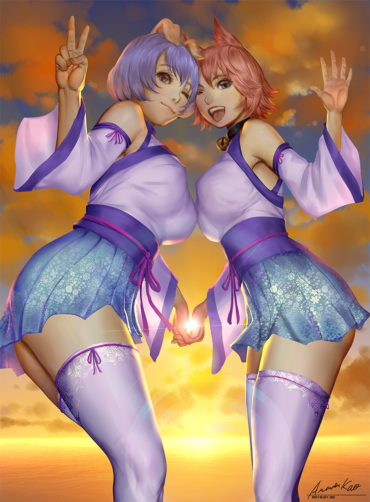 2girls animal_ears ariverkao bell bell_collar breasts cat_ears collar dated detached_sleeves hand_holding japanese_clothes large_breasts looking_at_viewer multiple_girls obi one_eye_closed open_mouth original outdoors pig_ears pleated_skirt purple_legwear ribbon-trimmed_legwear ribbon-trimmed_sleeves ribbon_trim sash signature skirt smile standing sunset thighhighs v wide_sleeves