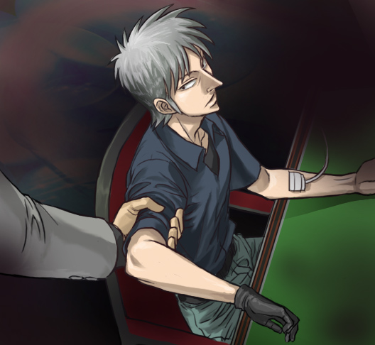 2boys akagi akagi_shigeru arm_grab artist_request belt black_eyes black_gloves black_shirt chair closed_mouth collared_shirt expressionless from_above gloves green_pants long_sleeves male_focus multiple_boys pants pointy_nose shirt short_sleeves silver_hair single_glove sitting solo_focus table transfusion wing_collar