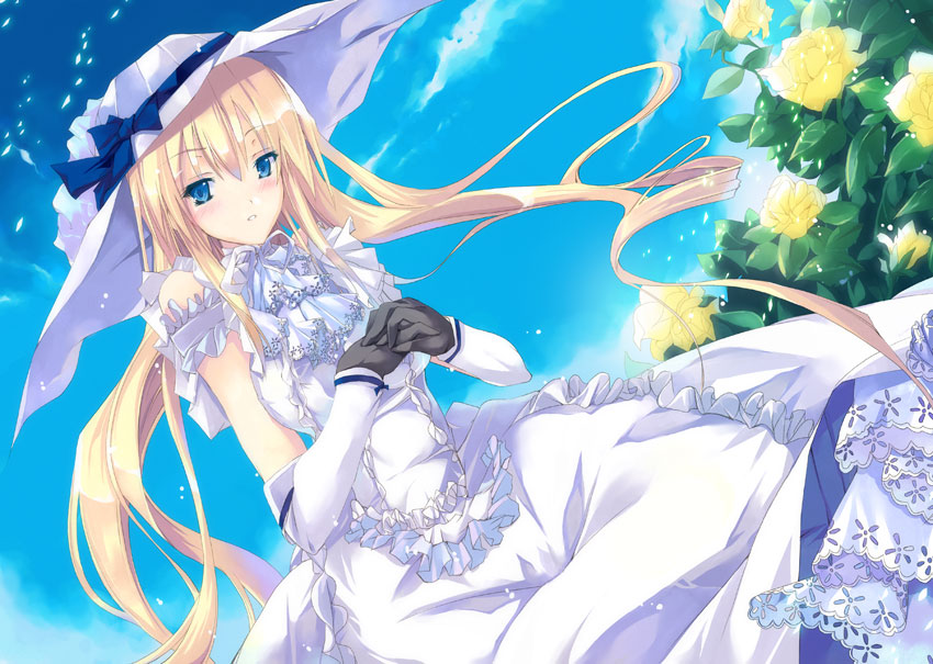 :o bangs black_gloves blonde_hair blue_eyes blush cloud day dress dutch_angle elbow_gloves floating_hair flower frilled_dress frills gloves hands_clasped hat hat_ribbon hinoto interlocked_fingers long_hair looking_at_viewer original outdoors own_hands_together ribbon rose sidelocks sky solo very_long_hair white_dress white_hat yellow_flower yellow_rose