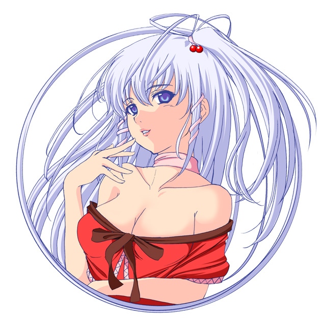 aka_ringo bare_shoulders blue_eyes breasts choker circle cleavage hand_to_own_mouth light_smile long_hair medium_breasts pink_choker shinki side_ponytail silver_hair solo touhou undressing upper_body