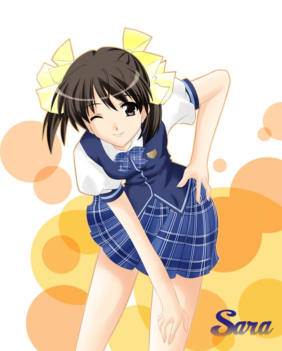 ;) bangs blue_bow blue_neckwear blue_skirt blue_vest bow bowtie breasts brown_eyes brown_hair character_name contrapposto ever_17 eyebrows_visible_through_hair hair_bow leaning_forward looking_at_viewer matsunaga_sara multicolored multicolored_background one_eye_closed plaid_neckwear pleated_skirt puffy_short_sleeves puffy_sleeves school_uniform shirt short_hair short_sleeves silvermoon skirt small_breasts smile solo standing tareme thighs twintails vest white_shirt yellow_bow