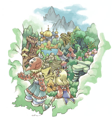 1girl artist_request imu_(lom) landscape legend_of_mana long_sleeves lowres scenery seiken_densetsu toto_(lom)