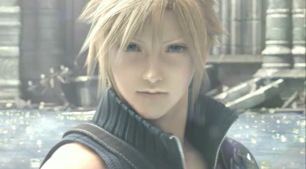 cloud_strife final_fantasy final_fantasy_vii final_fantasy_vii_advent_children jpeg_artifacts male_focus screencap smile solo