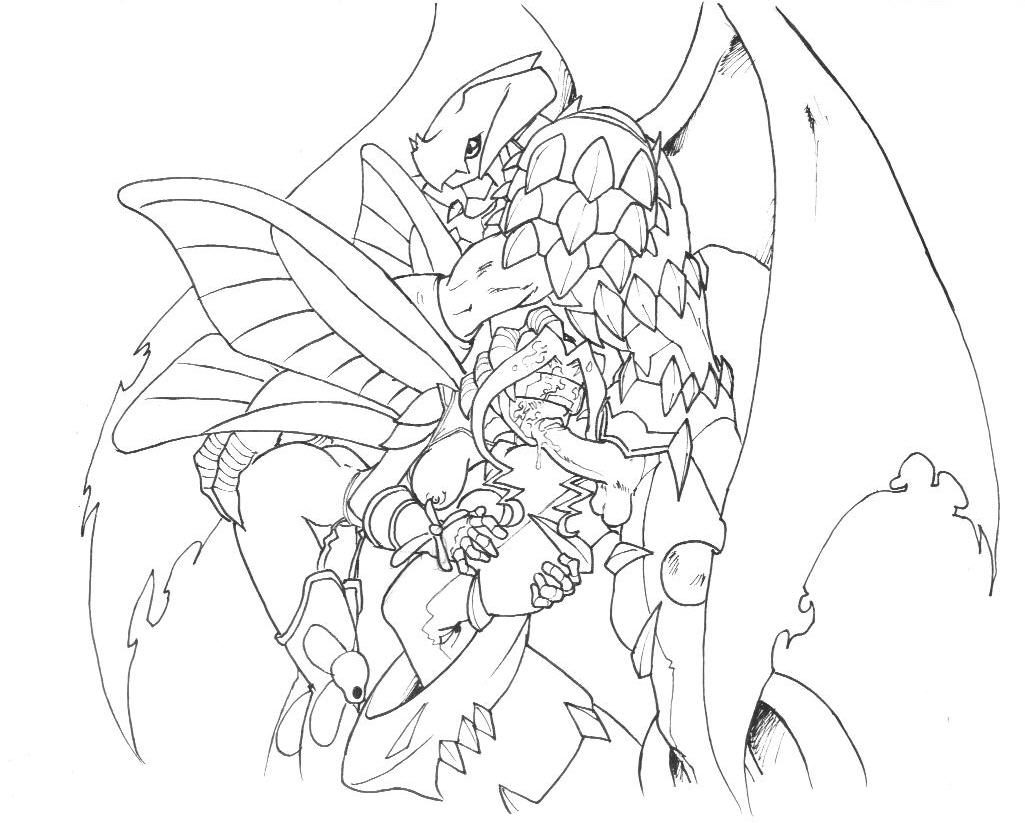 boots breasts butterfly_wings claws digimon digimon_frontier dynasmon fairymon fellatio gloves greyscale hetero horns large_breasts monochrome nipples no_humans oral penis thigh_boots thighhighs visor wings
