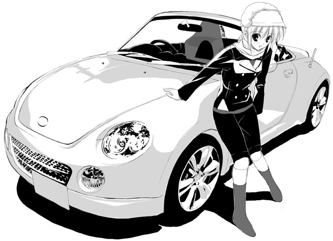 car daihatsu daihatsu_copen fumio_(ura_fmo) greyscale ground_vehicle long_sleeves monochrome motor_vehicle original solo