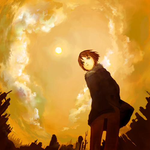 artist_request cloud coat copyright_request fisheye long_sleeves lowres sky solo