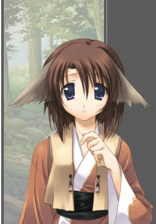 animal_ears blue_eyes brown_hair forest japanese_clothes kimono long_sleeves looking_at_viewer nature outdoors plant sash short_hair solo tree upper_body utawareru_mono wide_sleeves