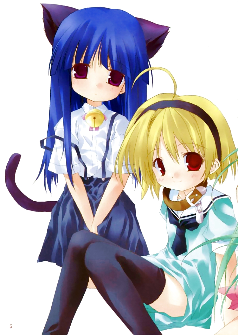 animal_ears blonde_hair cat_ears furude_rika higurashi_no_naku_koro_ni houjou_satoko multiple_girls non-web_source suspenders thighhighs tororo