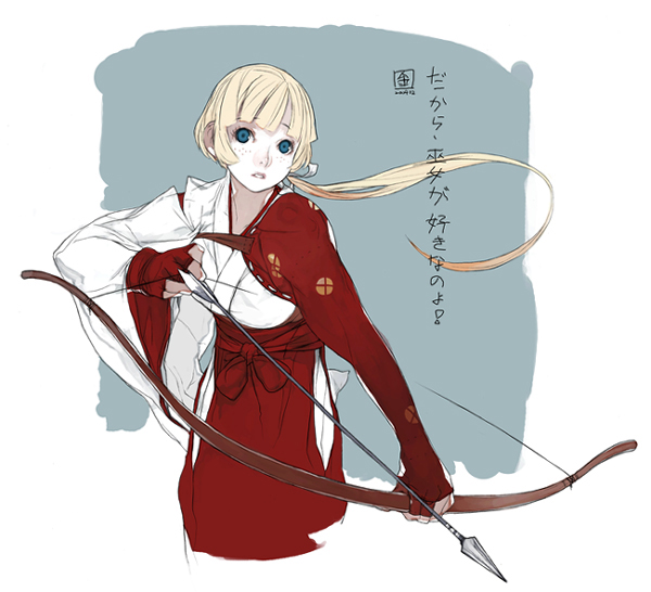 artist_request blonde_hair blue_eyes bow_(weapon) copyright_request freckles hakama igote japanese_clothes long_hair long_sleeves miko ponytail red_hakama solo weapon