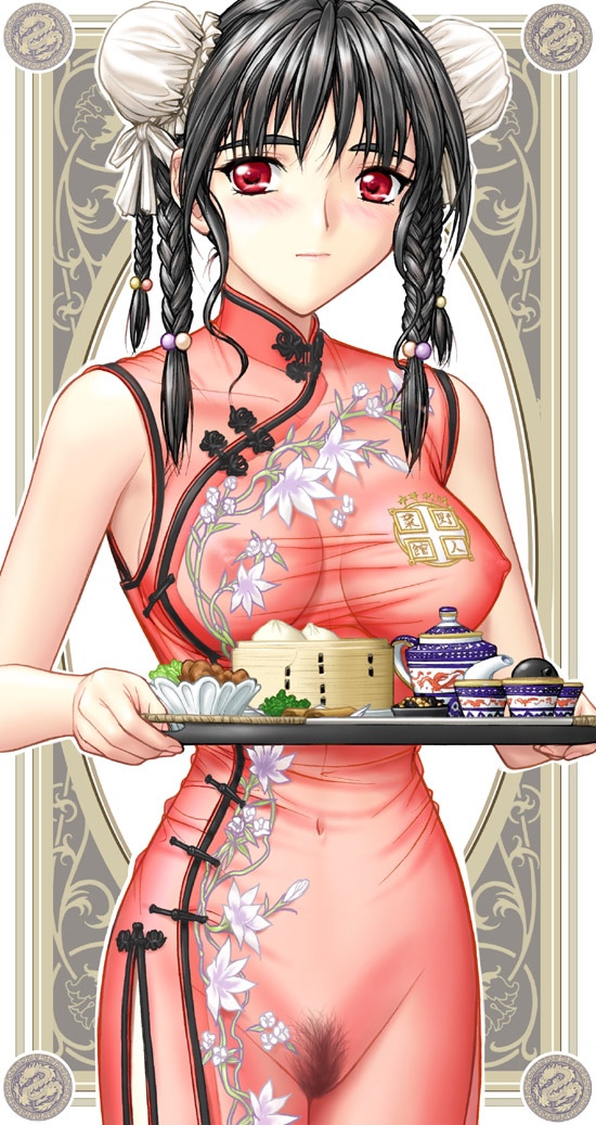 bamboo_steamer baozi braid breasts bun_cover china_dress chinese_clothes copyright_request dim_sum double_bun dress food hair_bobbles hair_ornament large_breasts nipples pubic_hair pussy red_eyes see-through solo teapot waitress yumenosuke