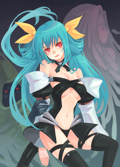 arm_grab asymmetrical_wings bf._(sogogiching) blue_hair bow breasts choker dizzy guilty_gear hair_bow large_breasts long_hair long_sleeves necro_(guilty_gear) red_eyes solo tail thighhighs underboob undine_(guilty_gear) wings