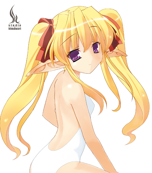 blonde_hair casual_one-piece_swimsuit copyright_request elf halterneck himukai_kyousuke looking_back one-piece_swimsuit pointy_ears purple_eyes simple_background smile solo swimsuit twintails white_swimsuit
