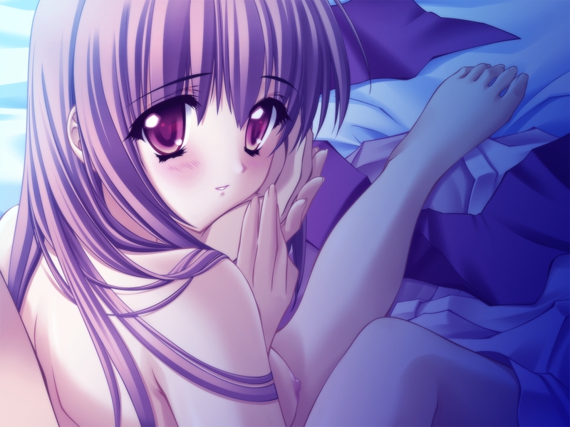 1girl afterglow airi_(quilt) barefoot bed blush breasts carnelian feet game_cg hetero holding_hands looking_at_viewer medium_breasts nude out_of_frame quilt_(game) solo_focus
