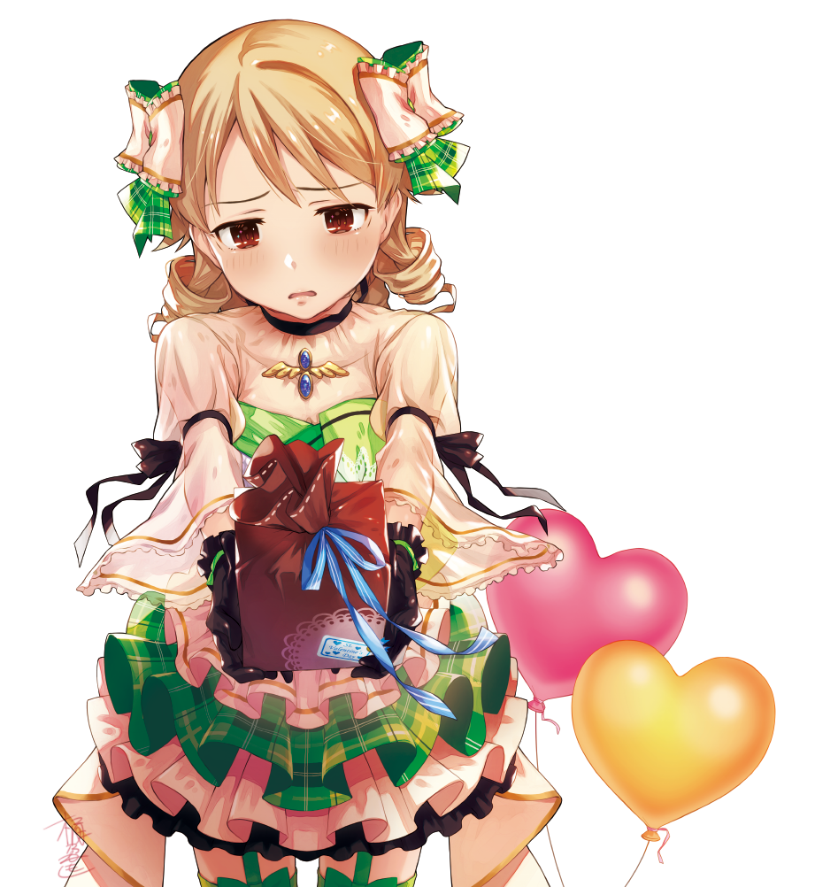 1girl black_gloves blush bow box brooch brown_eyes chocolate commentary_request dress drill_hair frown garter_straps gift gift_box gloves green_bow green_dress green_legwear green_skirt hair_bow heart_balloon idol idolmaster idolmaster_cinderella_girls incoming_gift jewelry layered_skirt light_brown_hair looking_down medium_hair morikubo_nono okeno_kamoku partial_commentary plaid plaid_bow plaid_skirt pov puffy_sleeves reaching_out ringlets see-through see-through_sleeves skirt solo standing tied_sleeves valentine white_background