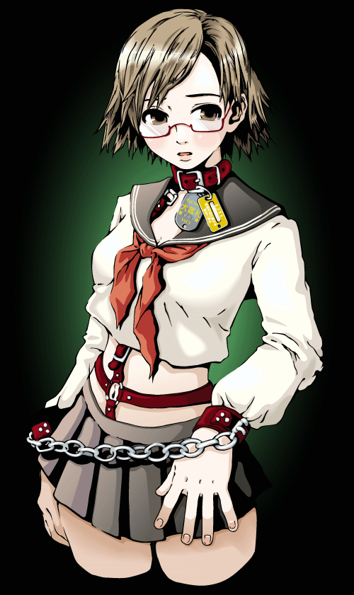 artist_request bdsm black_background blush bondage bound breasts brown_eyes brown_hair buckle chain character_request cleavage collar copyright_request cropped_legs cuffs dog_tags glasses harness leather long_sleeves medium_breasts midriff navel pleated_skirt red-framed_eyewear school_uniform short_hair skirt slave solo strap thighhighs thighs translated zettai_ryouiki