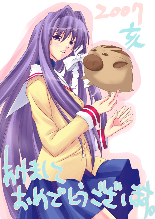 2007 boar botan_(clannad) chinese_zodiac clannad fujibayashi_kyou hikarizaka_private_high_school_uniform ichino long_sleeves new_year school_uniform solo year_of_the_pig