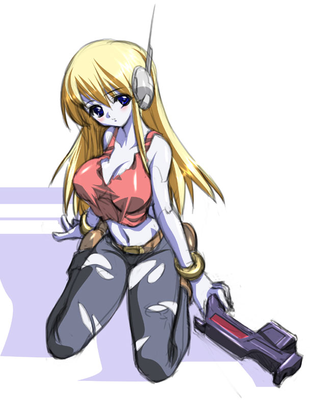 android artist_request blonde_hair blue_eyes blush bracelet breasts cleavage curly_brace doukutsu_monogatari gun jewelry kneeling large_breasts long_hair midriff navel no_bra robot_ears solo tank_top torn_clothes weapon white_skin