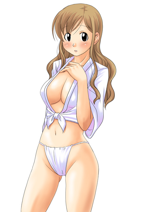 blue_eyes breasts brown_hair cleavage cowboy_shot front-tie_top fundoshi groin hand_on_own_chest japanese_clothes large_breasts long_hair looking_at_viewer maria-sama_ga_miteru open_clothes shirt short_sleeves solo standing thighs toshifumi toudou_shimako wavy_hair white_background white_shirt yamakasa