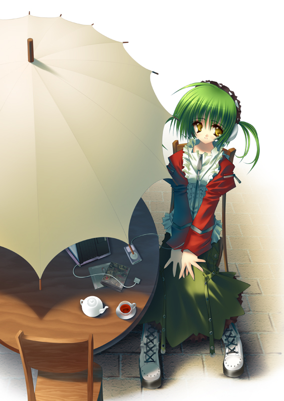 aoi_yuuji copyright_request digital_media_player green_eyes green_hair ipod long_sleeves music solo umbrella