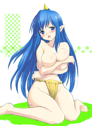 blue_eyes blue_hair breast_hold breasts demon_girl hima horn huge_breasts long_hair lowres momotarou_densetsu oni pointy_ears solo topless yasha